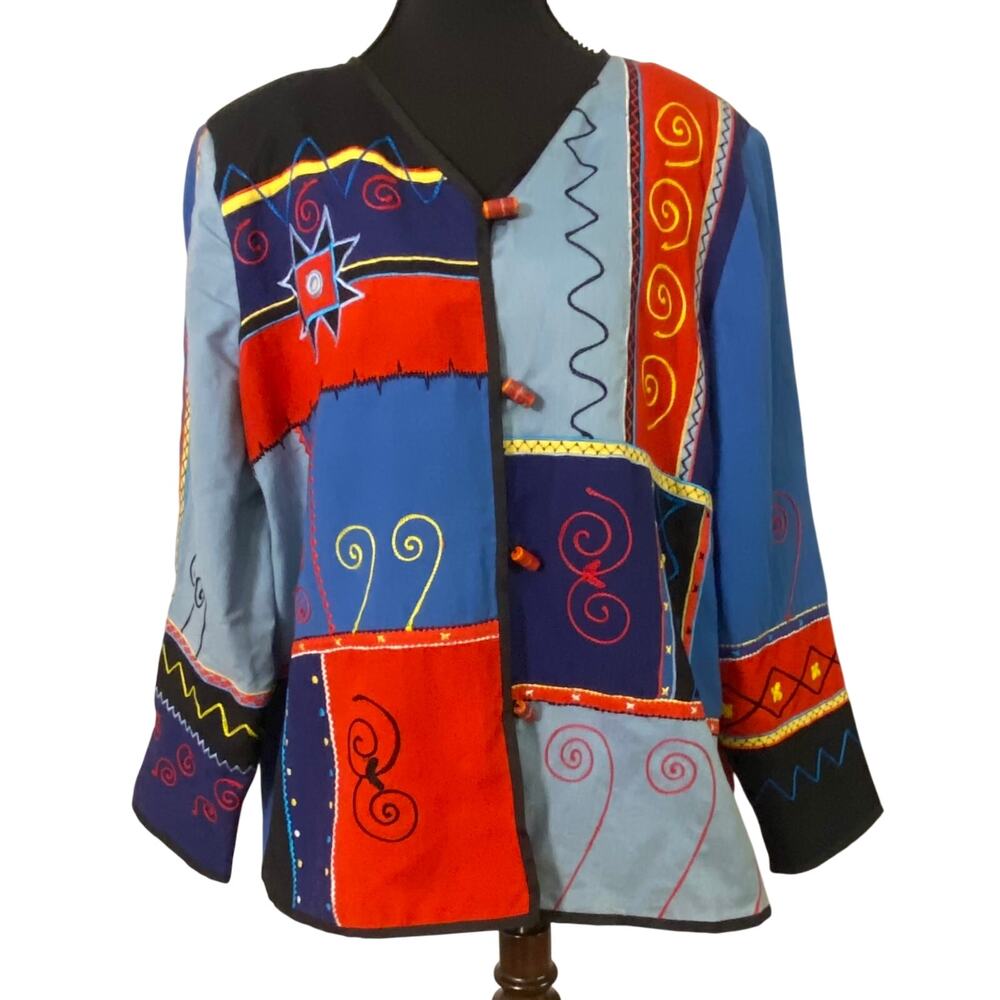 Alex Kin Patchwork Embroidered Linen Blend Art-to-Wear Jacket LG Lagenlook